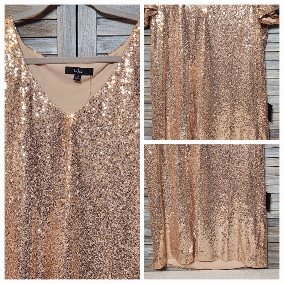 Lulu's Light The Night New Tags Rose Gold Sequin T Shirt Dress Swift Vibe - Picture 2 of 13